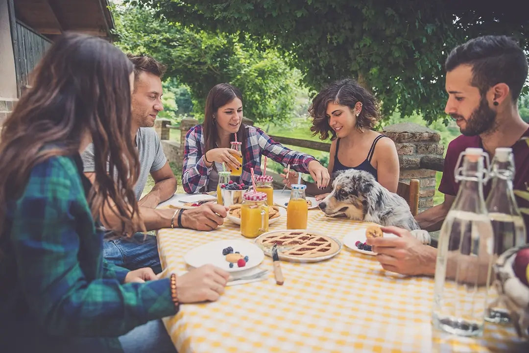 Friends drinking and eating around a table